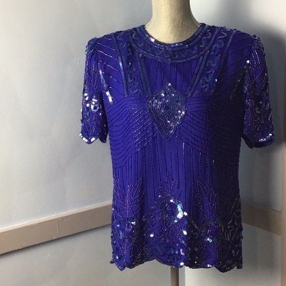 Vintage Laurence Kazar Blue Silk Sequined Scalloped Blouse size Large - Picture 1 of 8